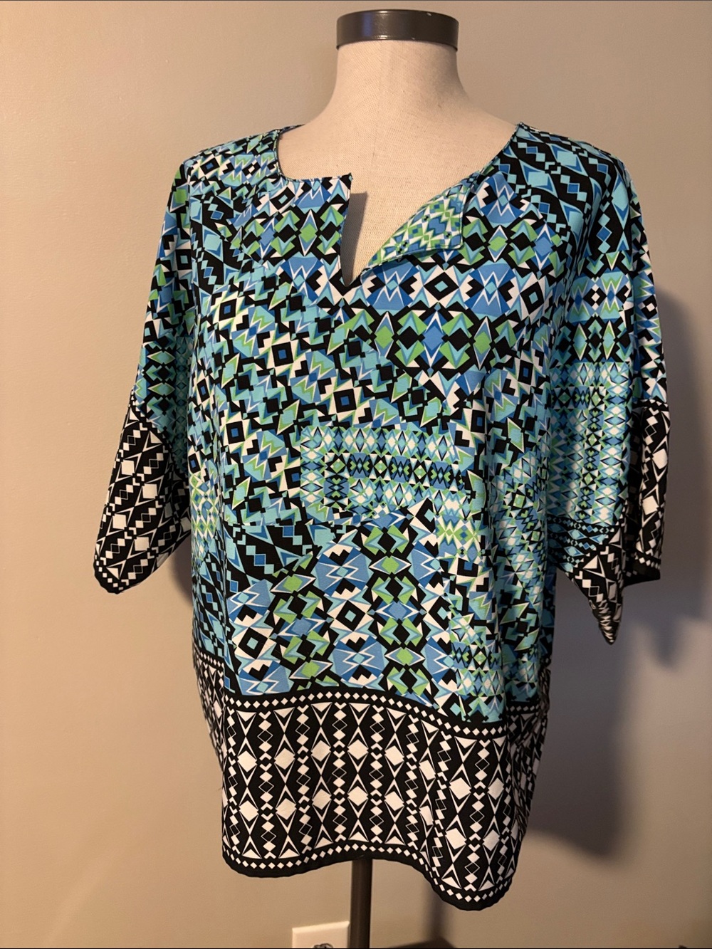 Ruby Rd. Blue & Green Geometric Split-Neck Tunic
